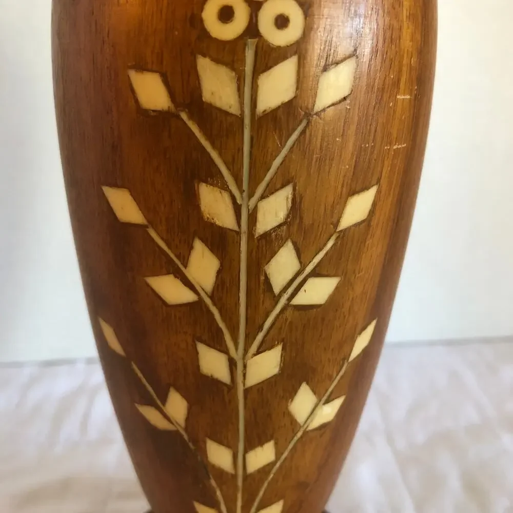 Vintage tall Wood Vase with White Bone inlaid design, hand crafted